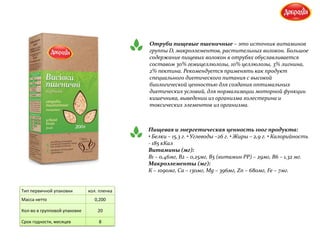 Отруби пищевые пшеничные – это источник витаминов
группы D, макроэлементов, растительных волокон. Большое
содержание пищевых волокон в отрубях обуславливается
составом 30% гемицеллюлозы, 10% целлюлозы, 3% лигнина,
2% пектина. Рекомендуется применять как продукт
специального диетического питания с высокой
биологической ценностью для создания оптимальных
диетических условий, для нормализации моторной функции
кишечника, выведении из организма холестерина и
токсических элементов из организма.
Пищевая и энергетическая ценность 100г продукта:
• Белки – 15,3 г. • Углеводы –26 г. • Жиры – 2,9 г. • Калорийность
- 185 кКал
Витамины (мг):
В1 – 0,46мг, В2 – 0,25мг, В5 (витамин РР) – 29мг, В6 – 1,32 мг.
Макроэлементы (мг):
К – 1090мг, Са – 130мг, Мg – 396мг, Zn – 680мг, Fe – 7мг.
Тип первичной упаковки кол. пленка
Масса нетто 0,200
Кол-во в групповой упаковке 20
Срок годности, месяцев 8
 
