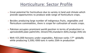  Great potential for horticulture due to variety in land and climate which
provide opportunities to produce wide range of horticulture crops.
 Besides producing large number of indigenous fruits, vegetables and
floriculture commodities, there is scope for cultivation of exotic crops.
 Pakistan occupies prominent world position in terms of production i.e.
apricots(6th),date palm(5th), Onion(7th),mandarin (6th),mango (4th) etc
 With 435,000 hectares under vegetables, Pakistan ranks 17th globally
while producing 5,500,1000 tons it ranks 20th in production
 