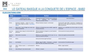 2018
x
LE GATEAU BASQUE A LA CONQUETE DE L’ESPACE - BAB2
Date Contenus Action Cibles
21 SEPT Conférence teaser /trest
« Tr...