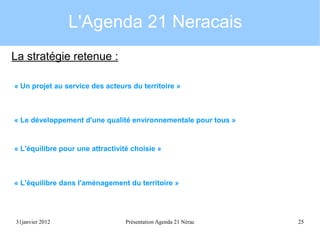 L'Agenda 21 Neracais
La stratégie retenue :
« Un projet au service des acteurs du territoire »

« Le développement d'une qualité environnementale pour tous »

« L'équilibre pour une attractivité choisie »

« L'équilibre dans l'aménagement du territoire »

31janvier 2012

Présentation Agenda 21 Nérac

25

 