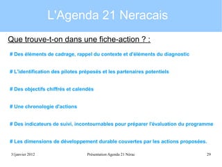 L'Agenda 21 Neracais
Que trouve-t-on dans une fiche-action ? :
# Des éléments de cadrage, rappel du contexte et d'éléments du diagnostic
# L'identification des pilotes préposés et les partenaires potentiels
# Des objectifs chiffrés et calendés
# Une chronologie d'actions
# Des indicateurs de suivi, incontournables pour préparer l'évaluation du programme
# Les dimensions de développement durable couvertes par les actions proposées.
31janvier 2012

Présentation Agenda 21 Nérac

29

 