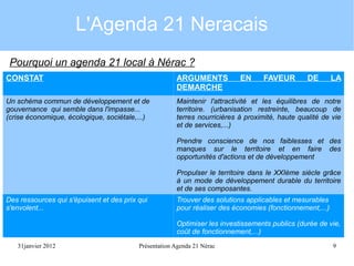 L'Agenda 21 Neracais
Pourquoi un agenda 21 local à Nérac ?
CONSTAT

ARGUMENTS
DEMARCHE

EN

FAVEUR

DE

LA

Un schéma commun de développement et de
gouvernance qui semble dans l'impasse...
(crise économique, écologique, sociétale,...)

Maintenir l'attractivité et les équilibres de notre
territoire. (urbanisation restreinte, beaucoup de
terres nourricières à proximité, haute qualité de vie
et de services,...)
Prendre conscience de nos faiblesses et des
manques sur le territoire et en faire des
opportunités d'actions et de développement
Propulser le territoire dans le XXIème siècle grâce
à un mode de développement durable du territoire
et de ses composantes.

Des ressources qui s'épuisent et des prix qui
s'envolent...

Trouver des solutions applicables et mesurables
pour réaliser des économies (fonctionnement,...)
Optimiser les investissements publics (durée de vie,
coût de fonctionnement,...)

31janvier 2012

Présentation Agenda 21 Nérac

9

 