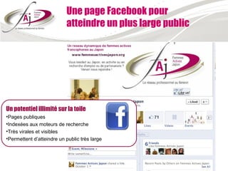 Une page Facebook pour
                           atteindre un plus large public




Un potentiel illimité sur la toile
•Pages publiques
•Indexées aux moteurs de recherche
•Très virales et visibles
•Permettent d’atteindre un public très large
 