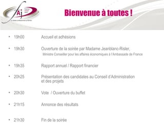Bienvenue à toutes !

• 19h00   Accueil et adhésions

• 19h30   Ouverture de la soirée par Madame Jeanblanc-Risler,
          Ministre Conseiller pour les affaires économiques à l’Ambassade de France


• 19h35   Rapport annuel / Rapport financier

• 20h25   Présentation des candidates au Conseil d’Administration
          et des projets

• 20h30   Vote / Ouverture du buffet

• 21h15   Annonce des résultats


• 21h30   Fin de la soirée
 