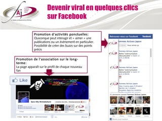 Devenir viral en quelques clics
                      sur Facebook

             Promotion d’activités ponctuelles:
             Quiconque peut interagir et « aimer » une
             publications ou un évènement en particulier.
             Possibilité de créer des buzzs sur des points
             précis


Promotion de l’association sur le long-
terme:
La page apparaît sur le profil de chaque nouveau
fan
 