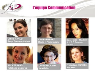 L’équipe Communication




Céline VARLET           Laetitia HEBERT         Sara 　ＳＨＩＭＡＢＵ
Resp. Communication     Media /. Partenariats   ＫＵＲＯ Reseaux
                                                sociaux




Alix KERRAND             Cécile RECHATIN        Frederique HERMEN
Relations Membres        Newsletter             Site Web
 