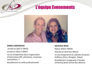 L’équipe Evenements




EMMA LANFRANCHI:                            NATHALIE BOUE
 arrivée en 2012 à TOKYO                    Depuis 2010 à TOKYO
arrivée en 2012 à TOKYO                     Avocate en droit des affaires
12 ans d'expérience dans l’organisation     15 ans d'expérience en cabinets d'avocats
d’événements (RP, séminaires, incentives,   d'affaires (Paris, Shanghai, Tokyo)
conventions...)                             Actuellement enseignante à Temple
Actuellement en veille professionnelle      University (droit chinois des affaires)
 