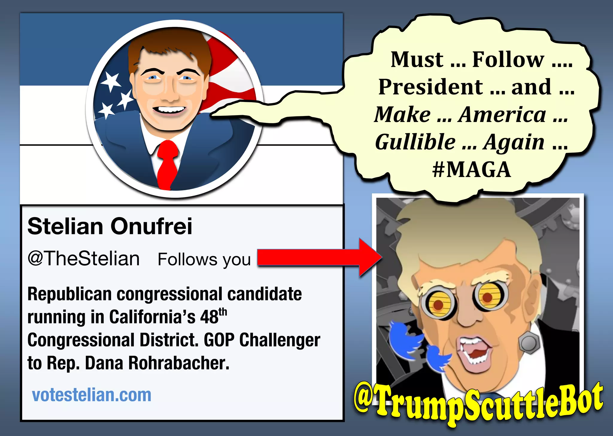 Stelian Onufrei
@TheStelian Follows you
Republican congressional candidate
running in California’s 48th
Congressional District. GOP Challenger
to Rep. Dana Rohrabacher.
votestelian.com
				Must	…	Follow	….			
		President	…	and	…	
Make	…	America	…	
Gullible	…	Again	…	
#MAGA	
 