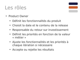 Les rôles
●
    Product Owner
    ●
        Définit les fonctionnalités du produit
    ●
        Choisit la date et le contenu de la release
    ●
        Responsable du retour sur investissement
    ●
        Définit les priorités en fonction de la valeur
        « métier »
    ●
        Ajuste les fonctionnalités et les priorités à
        chaque itération si nécessaire
    ●
        Accepte ou rejette les résultats
 