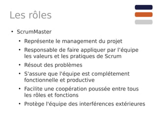 Les rôles
●
    ScrumMaster
    ●
        Représente le management du projet
    ●
        Responsable de faire appliquer par l’équipe
        les valeurs et les pratiques de Scrum
    ●
        Résout des problèmes
    ●
        S'assure que l'équipe est complétement
        fonctionnelle et productive
    ●
        Facilite une coopération poussée entre tous
        les rôles et fonctions
    ●
        Protège l'équipe des interférences extérieures
 