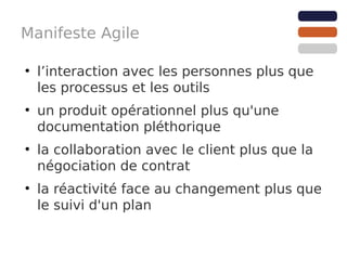 Manifeste Agile

●
    l’interaction avec les personnes plus que
    les processus et les outils
●
    un produit opérationnel plus qu'une
    documentation pléthorique
●
    la collaboration avec le client plus que la
    négociation de contrat
●
    la réactivité face au changement plus que
    le suivi d'un plan
 