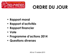 ORDRE DU JOUR
•
•
•
•
•
•

Rapport moral
Rapport d’activités
Rapport financier
Vote
Programme d’actions 2014
Questions diverses

AG du 17 octobre 2013

 
