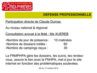 DEFENSE PROFESSIONNELLE
Participation directe de Claude Dumas
Au niveau national & régional
Consultation avocat à la fédé : Me XUEREB
-Nombre de jour de présence :
-Nombre de dossiers traités :
-Nombre de campings reçus :

10 matinées
60
30

La FRMPHPA gère les dossiers, les suivis, les rendezvous, assure le lien avec la FNHPA, met à jour le site
internet en fonction des problématiques soulevées.
AG du 17 octobre 2013

 