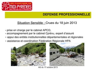 DEFENSE PROFESSIONNELLE
Situation Sensible : Crues du 18 juin 2013
- prise en charge par le cabinet APCO,
- accompagnement par le cabinet Cprévu, expert d’assuré
- appui des entités institutionnelles départementales et régionales
- assistance et coordination Fédération Régionale HPA

AG du 17 octobre 2013

 