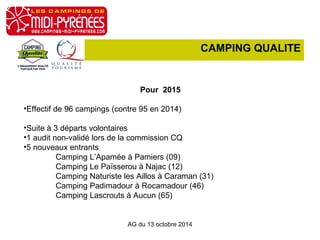 CAMPING QUALITE 
Pour 2015 
•Effectif de 96 campings (contre 95 en 2014) 
•Suite à 3 départs volontaires 
•1 audit non-validé lors de la commission CQ 
•5 nouveaux entrants 
Camping L’Apamée à Pamiers (09) 
Camping Le Païsserou à Najac (12) 
Camping Naturiste les Aillos à Caraman (31) 
Camping Padimadour à Rocamadour (46) 
Camping Lascrouts à Aucun (65) 
AG du 13 octobre 2014 
 