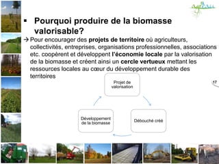  Pourquoi produire de la biomasse
valorisable?
Pour encourager des projets de territoire où agriculteurs,
collectivités,...