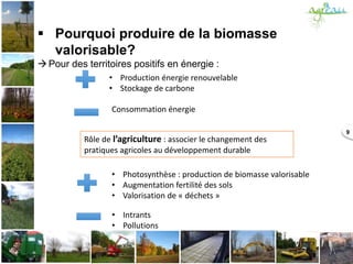  Pourquoi produire de la biomasse
valorisable?
Pour des territoires positifs en énergie :
9
• Production énergie renouve...