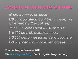    40 programmes en cours
   178 collaborateurs dont 6 en France, 172
    sur le terrain (12 expatriés);
   32.900 TPE crées dont 4.100 en 2011;
   116.500 emplois durables crées;
   310.500 personnes sorties de la pauvreté;
   153 organisations locales renforcées…….

Source Rapport annuel 2011
Site www.agrisud.org. Email: agrisud@agrisud.org
 