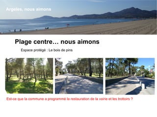 Plage centre… nous aimons
Espace protégé : Le bois de pins
Est-ce que la commune a programmé la restauration de la voirie et les trottoirs ?
Argeles, nous aimons
 