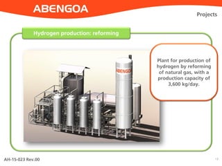 AH-15-023 Rev.00 13
Hydrogen production: reforming
Projects
Plant for production of
hydrogen by reforming
of natural gas, with a
production capacity of
3,600 kg/day.
 