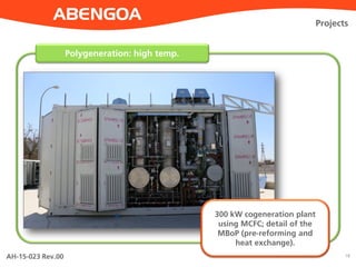 AH-15-023 Rev.00 18
Polygeneration: high temp.
Projects
300 kW cogeneration plant
using MCFC; detail of the
MBoP (pre-reforming and
heat exchange).
 