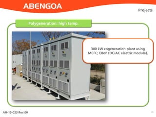 AH-15-023 Rev.00 20
Polygeneration: high temp.
Projects
300 kW cogeneration plant using
MCFC; EBoP (DC/AC electric module).
 
