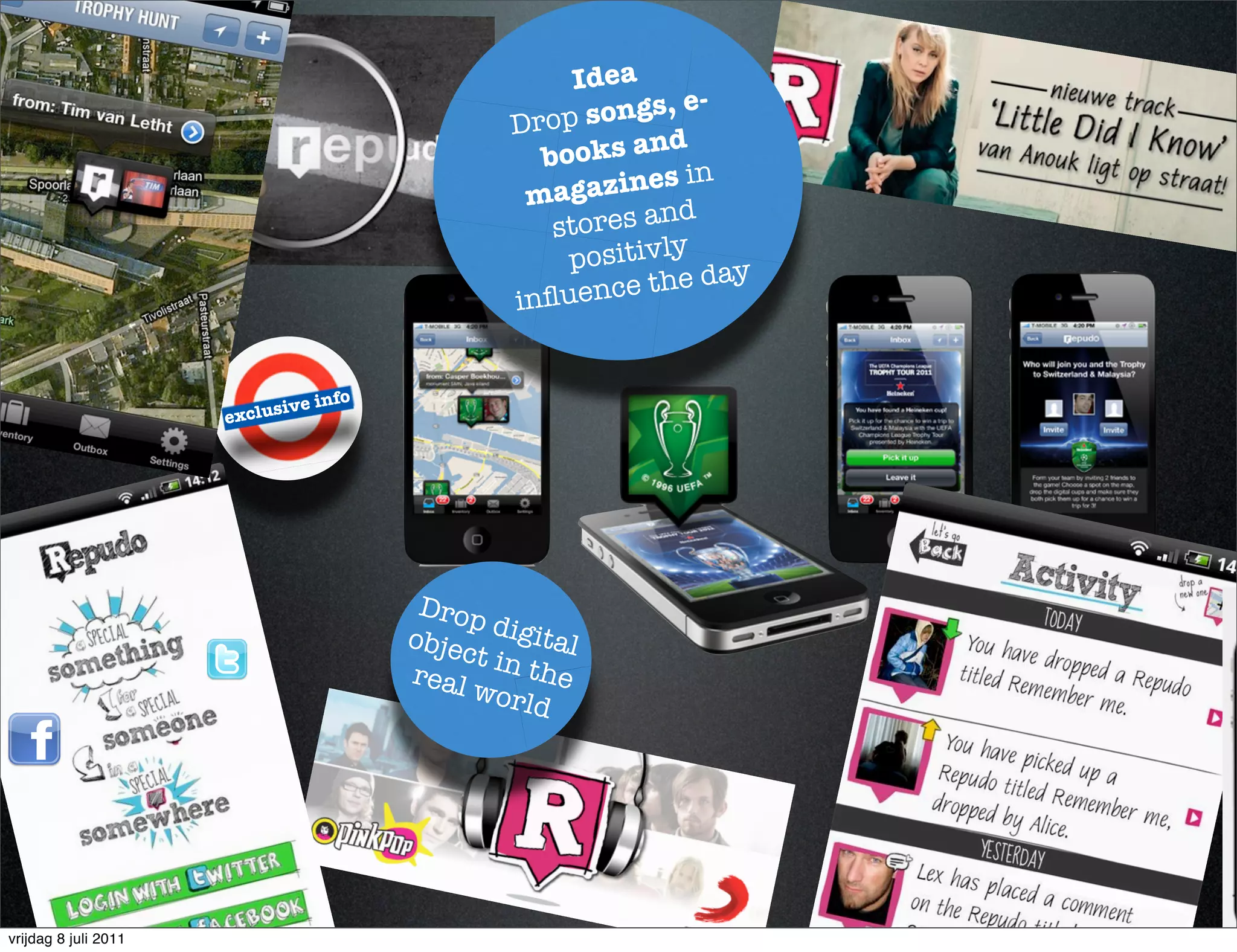 Idea
                                                                -
                                                Drop   songs, e
                                                  bo  oks and
                                                                n
                                                 mag   azines i
                                                              d
                                                   s tores an
                                                     positivly ay
                                                                d
                                                inﬂu  ence the


                             ive info
                      exclus




                                         Drop
                                        objec digital
                                             t in t
                                        real        he
                                             worl
                                                  d




vrijdag 8 juli 2011
 