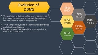 Evolution of
DBMS
 The evolution of databases has been a continuous
journey of improvement in terms of data storage,
retrieval, and management capabilities.
 From simple file systems to sophisticated distributed
and cloud-based system .
 Below is a broad overview of the key stages in the
evolution of databases:
1970s-
1980s
1960s-
1970s
2000s-
2010s
1950s-
1960s
2010s-
Present
1980s-
1990s
 