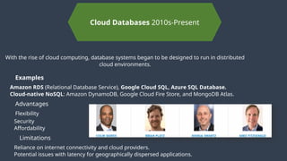 Cloud Databases 2010s-Present
With the rise of cloud computing, database systems began to be designed to run in distributed
cloud environments.
Examples
Amazon RDS (Relational Database Service), Google Cloud SQL, Azure SQL Database.
Cloud-native NoSQL: Amazon DynamoDB, Google Cloud Fire Store, and MongoDB Atlas.
Advantages
Flexibility
Security
Affordability
Limitations
Reliance on internet connectivity and cloud providers.
Potential issues with latency for geographically dispersed applications.
 