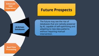 The future may see the rise of
databases that are natively powered
by AI, capable of self-optimizing and
adapting to new data patterns
without requiring manual
intervention.
AI-Driven
Databases
Real-Time
Processing
Enhanced
User
Experience
Future Prospects
 