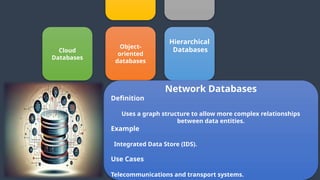 Cloud
Databases
Object-
oriented
databases
Hierarchical
Databases
Network Databases
Definition
Uses a graph structure to allow more complex relationships
between data entities.
Example
Integrated Data Store (IDS).
Use Cases
Telecommunications and transport systems.
 