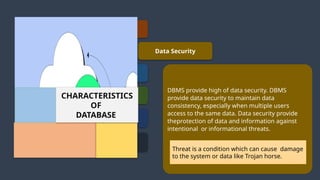 Data Consistency
Data Security
Data Integrity
ACID
Real-word entities
Control database
redundancy
CHARACTERISTICS
OF
DATABASE
DBMS provide high of data security. DBMS
provide data security to maintain data
consistency, especially when multiple users
access to the same data. Data security provide
theprotection of data and information against
intentional or informational threats.
Threat is a condition which can cause damage
to the system or data like Trojan horse.
 