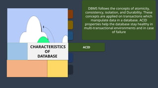 Data Consistency
Data Security
Data Integrity
ACID
Real-word entities
Control database
redundancy
CHARACTERISTICS
OF
DATABASE
DBMS follows the concepts of atomicity,
consistency, isolation, and Durability. These
concepts are applied on transactions which
manipulate data in a database. ACID
properties help the database stay healthy in
multi-transactional environments and in case
of failure
 
