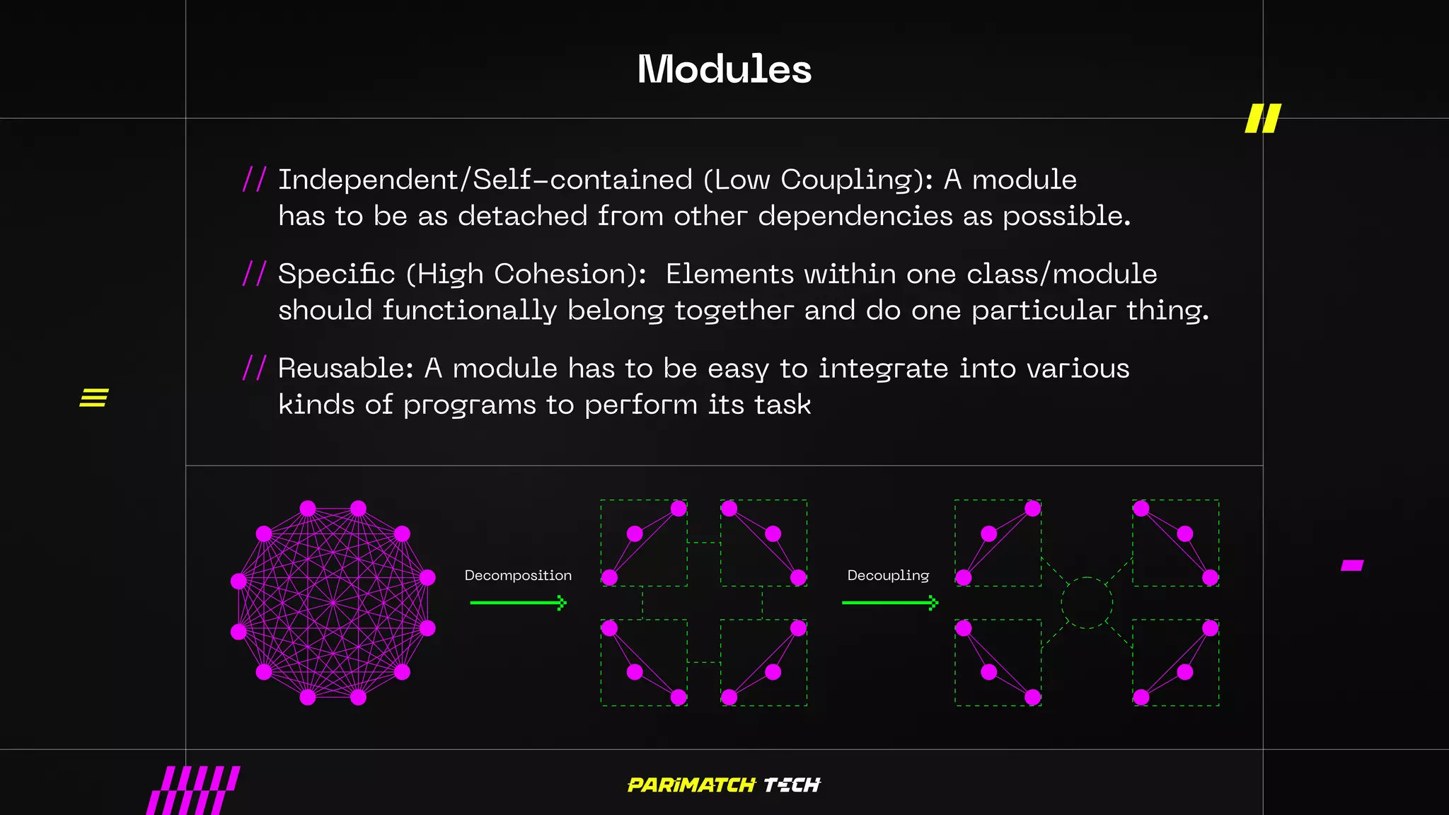 Modules
Decomposition Decoupling
// Independent/Self-contained (Low Coupling): A module
has to be as detached from other dependencies as possible.
// Specific (High Cohesion): Elements within one class/module
should functionally belong together and do one particular thing.
// Reusable: A module has to be easy to integrate into various
kinds of programs to perform its task
 