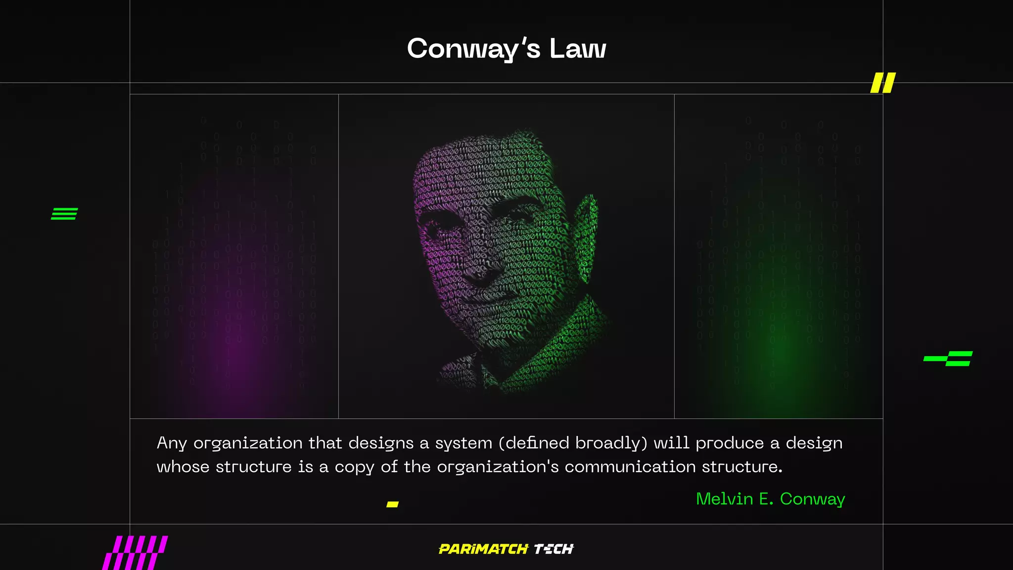 Any organization that designs a system (defined broadly) will produce a design
whose structure is a copy of the organization's communication structure.
Conway’s Law
Melvin E. Conway
 