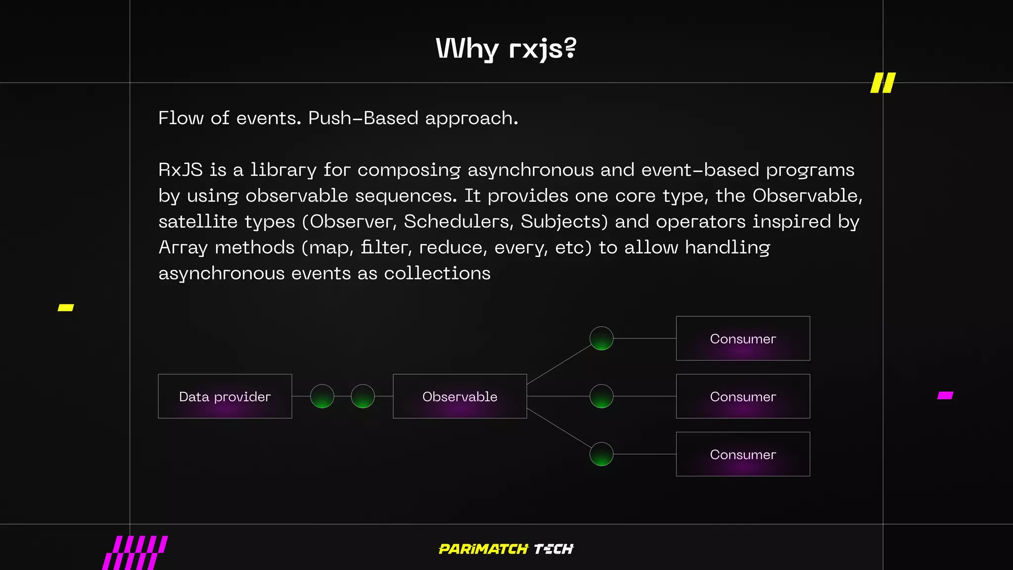 Why rxjs?
Data provider Observable
Consumer
Consumer
Consumer
Flow of events. Push-Based approach.
RxJS is a library for composing asynchronous and event-based programs
by using observable sequences. It provides one core type, the Observable,
satellite types (Observer, Schedulers, Subjects) and operators inspired by
Array methods (map, filter, reduce, every, etc) to allow handling
asynchronous events as collections
 
