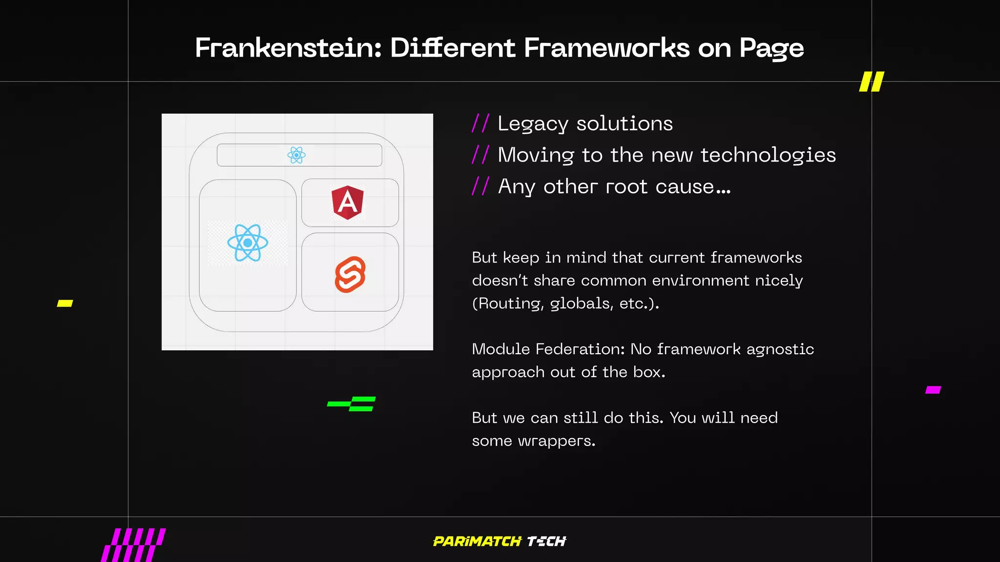Frankenstein: Different Frameworks on Page
// Legacy solutions
// Moving to the new technologies
// Any other root cause…
But keep in mind that current frameworks
doesn’t share common environment nicely
(Routing, globals, etc.).
Module Federation: No framework agnostic
approach out of the box.
But we can still do this. You will need
some wrappers.
 