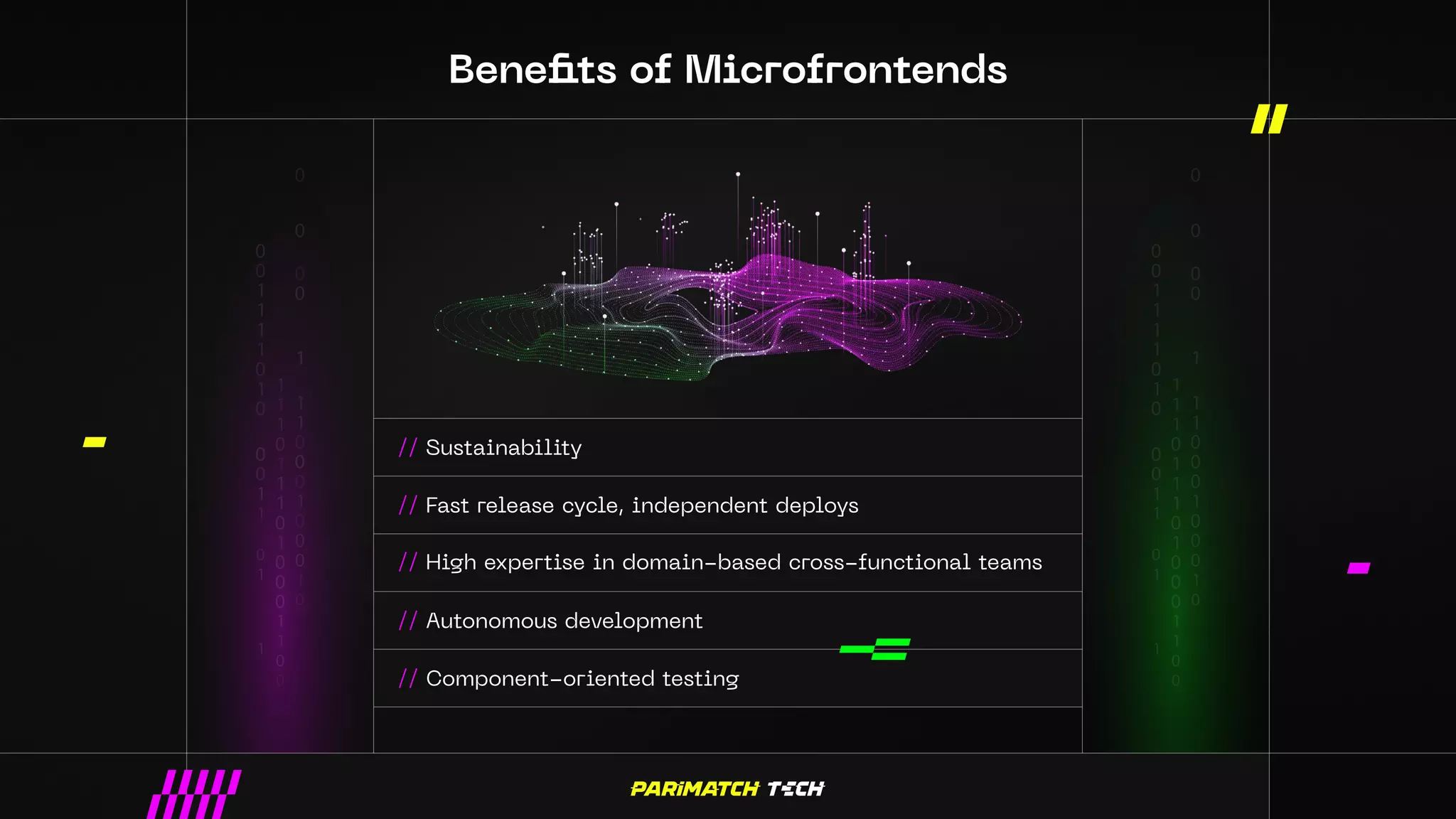 Benefits of Microfrontends
// Sustainability
// Fast release cycle, independent deploys
// High expertise in domain-based cross-functional teams
// Autonomous development
// Component-oriented testing
 