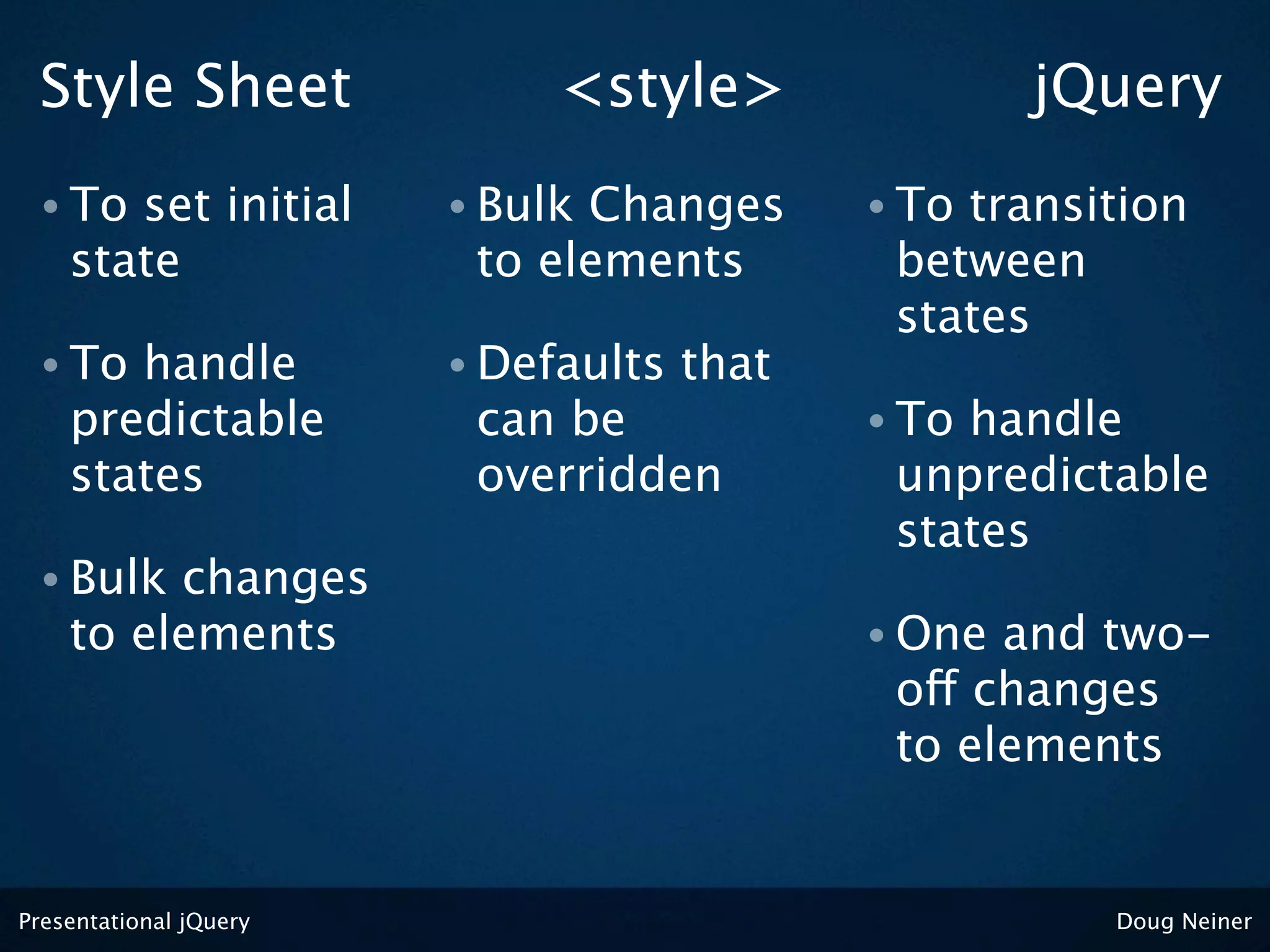 Style Sheet                 <style>                jQuery
 • To  set initial      • BulkChanges       • Totransition
    state                to elements         between
                                             states
 • To  handle           • Defaults   that
    predictable          can be             • Tohandle
    states               overridden          unpredictable
                                             states
 • Bulk  changes
    to elements                             • One and two-
                                             off changes
                                             to elements


Presentational jQuery                                 Doug Neiner
 
