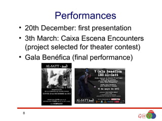 Performances
• 20th December: first presentation
• 3th March: Caixa Escena Encounters
(project selected for theater contest)
• Gala Benéfica (final performance)

8

 