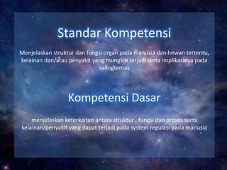 Standar Kompetensi
Menjelaskan struktur dan fungsi organ pada manusia dan hewan tertentu,
kelainan dan/atau penyakit yang mungkin terjadi serta implikasinya pada
salingtemas

Kompetensi Dasar
menjelaskan keterkaitan antara struktur , fungsi dan proses serta
kelainan/penyakit yang dapat terjadi pada system regulasi pada manusia

 