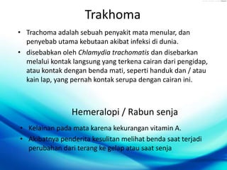 Trakhoma
• Trachoma adalah sebuah penyakit mata menular, dan
penyebab utama kebutaan akibat infeksi di dunia.
• disebabkan oleh Chlamydia trachomatis dan disebarkan
melalui kontak langsung yang terkena cairan dari pengidap,
atau kontak dengan benda mati, seperti handuk dan / atau
kain lap, yang pernah kontak serupa dengan cairan ini.

Hemeralopi / Rabun senja
• Kelainan pada mata karena kekurangan vitamin A.
• Akibatnya penderita kesulitan melihat benda saat terjadi
perubahan dari terang ke gelap atau saat senja

 