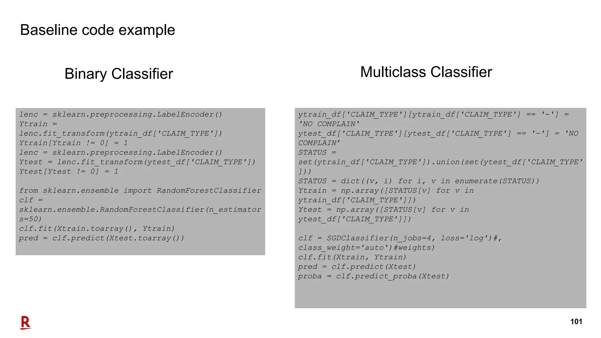 101
Baseline code example
lenc = sklearn.preprocessing.LabelEncoder()
Ytrain =
lenc.fit_transform(ytrain_df['CLAIM_TYPE'])
Ytrain[Ytrain != 0] = 1
lenc = sklearn.preprocessing.LabelEncoder()
Ytest = lenc.fit_transform(ytest_df['CLAIM_TYPE'])
Ytest[Ytest != 0] = 1
from sklearn.ensemble import RandomForestClassifier
clf =
sklearn.ensemble.RandomForestClassifier(n_estimator
s=50)
clf.fit(Xtrain.toarray(), Ytrain)
pred = clf.predict(Xtest.toarray())
ytrain_df['CLAIM_TYPE'][ytrain_df['CLAIM_TYPE'] == '-'] =
'NO COMPLAIN'
ytest_df['CLAIM_TYPE'][ytest_df['CLAIM_TYPE'] == '-'] = 'NO
COMPLAIN’
STATUS =
set(ytrain_df['CLAIM_TYPE']).union(set(ytest_df['CLAIM_TYPE'
]))
STATUS = dict((v, i) for i, v in enumerate(STATUS))
Ytrain = np.array([STATUS[v] for v in
ytrain_df['CLAIM_TYPE']])
Ytest = np.array([STATUS[v] for v in
ytest_df['CLAIM_TYPE']])
clf = SGDClassifier(n_jobs=4, loss='log')#,
class_weight='auto')#weights)
clf.fit(Xtrain, Ytrain)
pred = clf.predict(Xtest)
proba = clf.predict_proba(Xtest)
Binary Classifier Multiclass Classifier
 