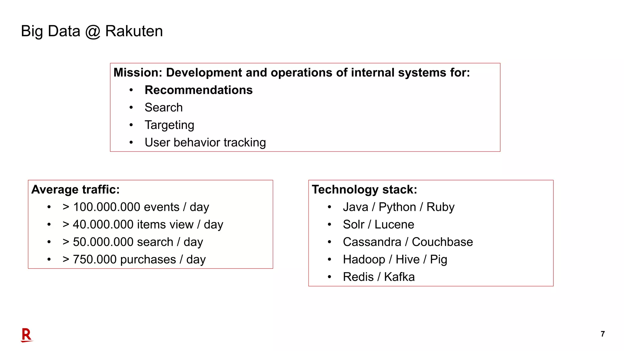 7
Big Data @ Rakuten
Mission: Development and operations of internal systems for:
• Recommendations
• Search
• Targeting
• User behavior tracking
Average traffic:
• > 100.000.000 events / day
• > 40.000.000 items view / day
• > 50.000.000 search / day
• > 750.000 purchases / day
Technology stack:
• Java / Python / Ruby
• Solr / Lucene
• Cassandra / Couchbase
• Hadoop / Hive / Pig
• Redis / Kafka
 