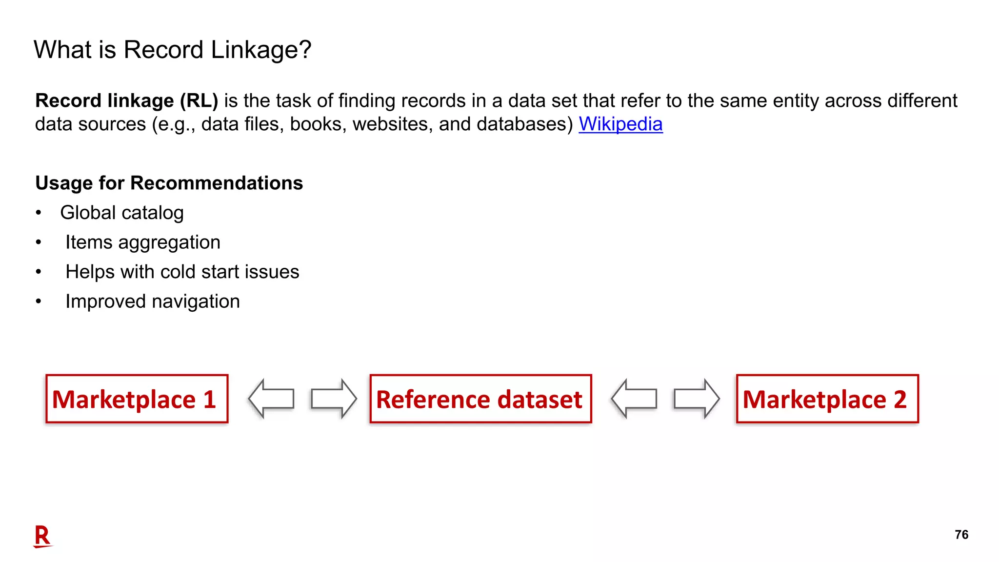 76
What is Record Linkage?
Record linkage (RL) is the task of finding records in a data set that refer to the same entity across different
data sources (e.g., data files, books, websites, and databases) Wikipedia
Usage for Recommendations
• Global catalog
• Items aggregation
• Helps with cold start issues
• Improved navigation
Marketplace 1 Marketplace 2Reference dataset
 