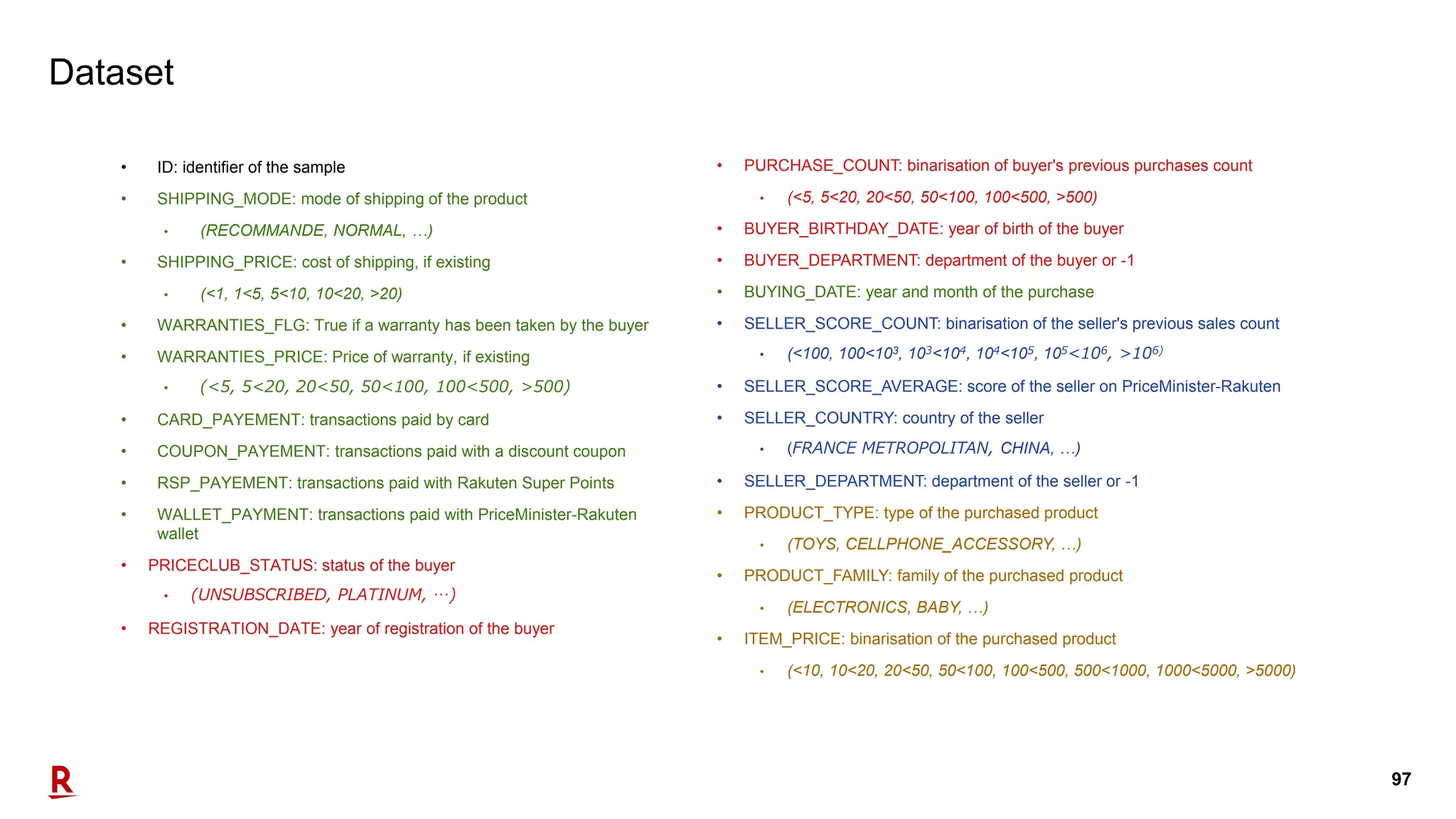 97
Dataset
• ID: identifier of the sample
• SHIPPING_MODE: mode of shipping of the product
• (RECOMMANDE, NORMAL, …)
• SHIPPING_PRICE: cost of shipping, if existing
• (<1, 1<5, 5<10, 10<20, >20)
• WARRANTIES_FLG: True if a warranty has been taken by the buyer
• WARRANTIES_PRICE: Price of warranty, if existing
• (<5, 5<20, 20<50, 50<100, 100<500, >500)
• CARD_PAYEMENT: transactions paid by card
• COUPON_PAYEMENT: transactions paid with a discount coupon
• RSP_PAYEMENT: transactions paid with Rakuten Super Points
• WALLET_PAYMENT: transactions paid with PriceMinister-Rakuten
wallet
• PRICECLUB_STATUS: status of the buyer
• (UNSUBSCRIBED, PLATINUM, …)
• REGISTRATION_DATE: year of registration of the buyer
• PURCHASE_COUNT: binarisation of buyer's previous purchases count
• (<5, 5<20, 20<50, 50<100, 100<500, >500)
• BUYER_BIRTHDAY_DATE: year of birth of the buyer
• BUYER_DEPARTMENT: department of the buyer or -1
• BUYING_DATE: year and month of the purchase
• SELLER_SCORE_COUNT: binarisation of the seller's previous sales count
• (<100, 100<103, 103<104, 104<105, 105<106, >106)
• SELLER_SCORE_AVERAGE: score of the seller on PriceMinister-Rakuten
• SELLER_COUNTRY: country of the seller
• (FRANCE METROPOLITAN, CHINA, …)
• SELLER_DEPARTMENT: department of the seller or -1
• PRODUCT_TYPE: type of the purchased product
• (TOYS, CELLPHONE_ACCESSORY, …)
• PRODUCT_FAMILY: family of the purchased product
• (ELECTRONICS, BABY, …)
• ITEM_PRICE: binarisation of the purchased product
• (<10, 10<20, 20<50, 50<100, 100<500, 500<1000, 1000<5000, >5000)
 