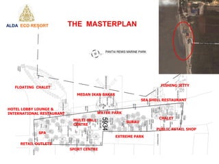 THE MASTERPLAN
FLOATING CHALET
MEDAN IKAN BAKAR
MULTI-HALL
CENTRE
WATER PARK
FISHING JETTY
SEA SHELL RESTAURANT
CHALET
SURAU
EXTREME PARK
PUBLIC RETAIL SHOP
SPORT CENTRE
RETAIL OUTLETS
SPA
HOTEL LOBBY LOUNGE &
INTERNATIONAL RESTAURANT
ALDA ECO RESORT
 