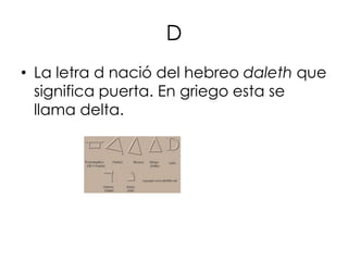 D
• La letra d nació del hebreo daleth que
  significa puerta. En griego esta se
  llama delta.
 