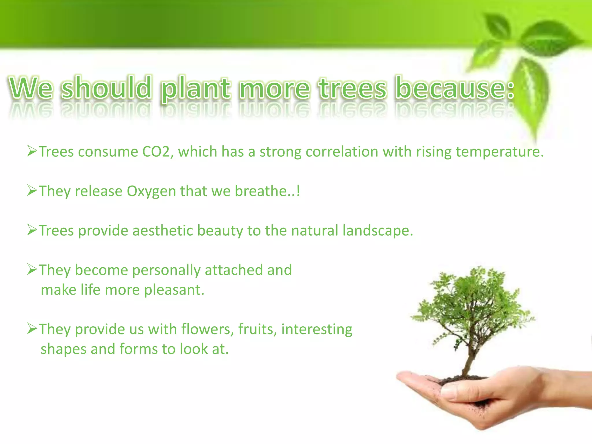 Trees consume CO2, which has a strong correlation with rising temperature.
They release Oxygen that we breathe..!
Trees provide aesthetic beauty to the natural landscape.
They become personally attached and
make life more pleasant.
They provide us with flowers, fruits, interesting
shapes and forms to look at.