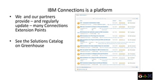 IBM Connections is a platform
• We and our partners
  provide – and regularly
  update – many Connections
  Extension Points

• See the Solutions Catalog
  on Greenhouse
 